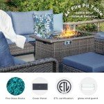 6 Peices Outdoor Patio Furniture Set with 44" Gas Fire Pit Table, PE Wicker Swivel Rocking Chairs Conversation Sets with 4.3" Cushion, High Back Sectional Sofa with Gilder Chair for Yard Garden Porch