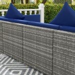 Outsunny 7-Piece Patio Furniture Set, Outdoor Wicker Conversation Set, All Weather PE Rattan Sectional Sofa Set with Cushions and Tempered Glass Top Coffee Table, Pillows, Blue