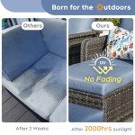 6 Peices Outdoor Patio Furniture Set with 44" Gas Fire Pit Table, PE Wicker Swivel Rocking Chairs Conversation Sets with 4.3" Cushion, High Back Sectional Sofa with Gilder Chair for Yard Garden Porch