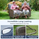 6 Peices Outdoor Patio Furniture Set with 44" Gas Fire Pit Table, PE Wicker Swivel Rocking Chairs Conversation Sets with 4.3" Cushion, High Back Sectional Sofa with Gilder Chair for Yard Garden Porch