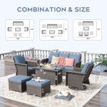6 Peices Outdoor Patio Furniture Set with 44" Gas Fire Pit Table, PE Wicker Swivel Rocking Chairs Conversation Sets with 4.3" Cushion, High Back Sectional Sofa with Gilder Chair for Yard Garden Porch