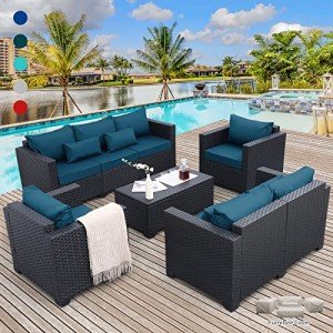 Rattaner Patio Furniture Set 5 Pieces Outdoor Furniture Sets Patio Couch Outdoor Chairs Coffee Table Peacock Blue Anti-Slip Cushions and Waterproof Covers