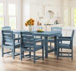 SERWALL 7-Piece Patio Dining Table Sets, Outdoor HDPE Dining Furniture Set with Umbrella Hole Cut-Out Table and 6 Chairs, Blue