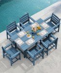 SERWALL 7-Piece Patio Dining Table Sets, Outdoor HDPE Dining Furniture Set with Umbrella Hole Cut-Out Table and 6 Chairs, Blue