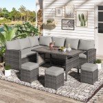 U-MAX Patio Furniture Set with Cover, 7 PCS Outdoor Sectional Conversation Set, All Weather Wicker Rattan Sofa Couch with High Dining Table & Ottoman, Grey