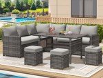U-MAX Patio Furniture Set with Cover, 7 PCS Outdoor Sectional Conversation Set, All Weather Wicker Rattan Sofa Couch with High Dining Table & Ottoman, Grey
