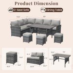 U-MAX Patio Furniture Set with Cover, 7 PCS Outdoor Sectional Conversation Set, All Weather Wicker Rattan Sofa Couch with High Dining Table & Ottoman, Grey