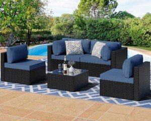 Shintenchi 5 Pieces Outdoor Patio Sectional Sofa Couch, Black PE Wicker Furniture Sets, Patio Conversation Sets with Washable Cushions Glass Coffee Table for Garden, Poolside, Backyard, Aegean Blue