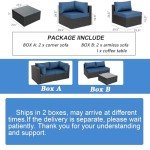 Shintenchi 5 Pieces Outdoor Patio Sectional Sofa Couch, Black PE Wicker Furniture Sets, Patio Conversation Sets with Washable Cushions Glass Coffee Table for Garden, Poolside, Backyard, Aegean Blue