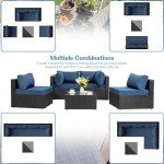 Shintenchi 5 Pieces Outdoor Patio Sectional Sofa Couch, Black PE Wicker Furniture Sets, Patio Conversation Sets with Washable Cushions Glass Coffee Table for Garden, Poolside, Backyard, Aegean Blue