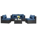 Shintenchi 5 Pieces Outdoor Patio Sectional Sofa Couch, Black PE Wicker Furniture Sets, Patio Conversation Sets with Washable Cushions Glass Coffee Table for Garden, Poolside, Backyard, Aegean Blue