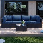 Shintenchi 5 Pieces Outdoor Patio Sectional Sofa Couch, Black PE Wicker Furniture Sets, Patio Conversation Sets with Washable Cushions Glass Coffee Table for Garden, Poolside, Backyard, Aegean Blue