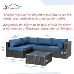 Shintenchi 5 Pieces Outdoor Patio Sectional Sofa Couch, Black PE Wicker Furniture Sets, Patio Conversation Sets with Washable Cushions Glass Coffee Table for Garden, Poolside, Backyard, Aegean Blue