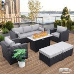 Rattaner Patio Furniture Set 45/ Outdoor Fire Pits 6 Pieces Outdoor Patio Furniture 60000 BTU Outdoor Propane Fire Pit Table Patio Sofa Outdoor Chairs Anti-Slip Cushions Waterproof Covers, Light Grey