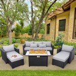 Rattaner Patio Furniture Set 45/ Outdoor Fire Pits 6 Pieces Outdoor Patio Furniture 60000 BTU Outdoor Propane Fire Pit Table Patio Sofa Outdoor Chairs Anti-Slip Cushions Waterproof Covers, Light Grey