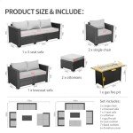 Rattaner 7 PCS Outdoor Furniture Sets 60000BTU 45-Inch Outdoor Propane Fire Pit Table Patio Furniture Set No-Slip Cushions and Waterproof Covers, Light Grey