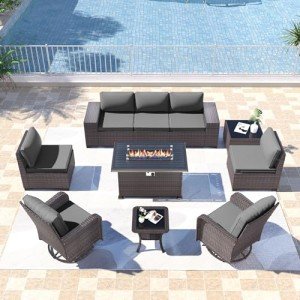 Kullavik 10 Pieces Outdoor Patio Furniture Set,PE Wicker Rattan Sectional Sofa Patio Conversation Sets with 43" 55000BTU Gas Propane Fire Pit Table,Swivel Rocking Chairs Set,Grey