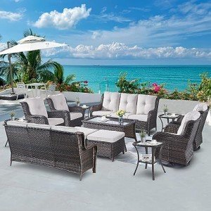 Belord Wicker Patio Furniture Sets - 13 Piece Outdoor Rattan Furniture Conversation Sets with 4 Swivel Rocker Chairs, 2 Rattan Sofas, Wicker Ottomans and Coffee Table, Brown/Beige