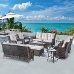 Belord Wicker Patio Furniture Sets - 13 Piece Outdoor Rattan Furniture Conversation Sets with 4 Swivel Rocker Chairs, 2 Rattan Sofas, Wicker Ottomans and Coffee Table, Brown/Beige