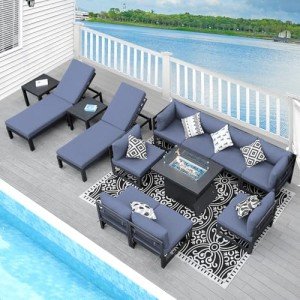 NICESOUL® 13 Pieces Aluminum Patio Furniture Set with Fire Pit Table, Gray Outdoor Conversation Set with Denim Blue Olefin Cushion, Patio Sectional Sofa for Garden, 2 Color Cushions