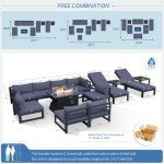 NICESOUL® 13 Pieces Aluminum Patio Furniture Set with Fire Pit Table, Gray Outdoor Conversation Set with Denim Blue Olefin Cushion, Patio Sectional Sofa for Garden, 2 Color Cushions
