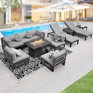 BULEXYARD 11 Pieces Aluminum Outdoor Patio Furniture Sets with 43" Propane/Natural Gas Fire Pit Table Sectional Sofa Conversation Set (11 Pcs, Grey/Light Grey w/Firepit)