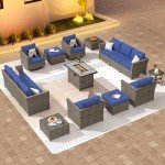ovios 16 Piece Patio Furniture Set with Fire Pit Table,Outdoor Rattan Wicker Coversation Set with Swivel Rocking Chairs, Sectional Chairs for Outside Porch Balcony Backyard Pool,Blue