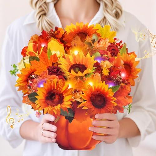 APOTODITO Thanksgiving Cards, Pop Up Fall Sunflower Bouquet with Music and Light, Thanksgving Gifts Sunflower Gifts for her, Mom, Women, Wife, Sister