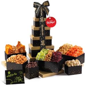 NUT CRAVINGS Gourmet Collection - Christmas Treats Tower Dried Fruit & Nuts Gift Basket with Happy Holiday Ribbon (12 Assortments) Food Arrangement, Healthy Snack Care Package, Food Assortments