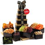 NUT CRAVINGS Gourmet Collection - Christmas Treats Tower Dried Fruit & Nuts Gift Basket with Happy Holiday Ribbon (12 Assortments) Food Arrangement, Healthy Snack Care Package, Food Assortments