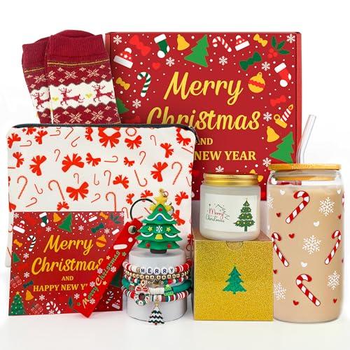 Christmas Gifts Set for Women - 8 Pcs Christmas Gift Basket for Her - Holiday Basket with Candy Cane Glass Cup - Xmas Present for Mom Friend Girlfriend Coworker