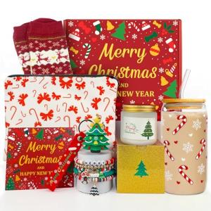 Christmas Gifts Set for Women - 8 Pcs Christmas Gift Basket for Her - Holiday Basket with Candy Cane Glass Cup - Xmas Present for Mom Friend Girlfriend Coworker