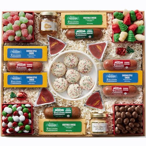 The Wisconsin Cheeseman 21-Piece Holiday Gift Basket – Summer Sausage, Meats & Cheeses, Cookies Variety Pack, Dessert for Adults, Charcuterie Boards