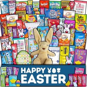 Easter Care Package (65ct) - Candy Snacks Treats Plush Bunny Chocolate Cookies Gift Box Bundle Basket Fillers Stuffers Present Kids Adults Boys Girls College Student Child Grandchildren Toddlers