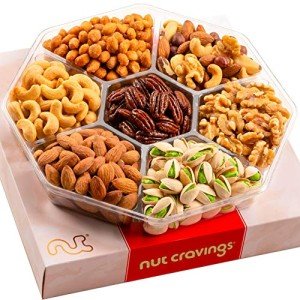 NUT CRAVINGS Gourmet Collection - Purim Mishloach Manot Mixed Nuts Gift Basket in Red Gold Box (7 Assortments, 1 LB) Arrangement Platter, Birthday Care Package - Healthy Kosher Corporate