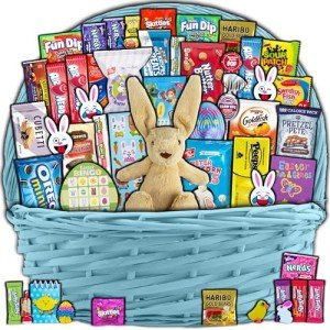 Blue Easter Basket for Kids and Adults (45ct) - Already Filled Easter Gift Basket with Plush Easter Bunny, Candy, Snacks, and Treats - Boys, Girls, Grandchildren, Young Children, Toddlers, Men, Women