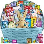 Blue Easter Basket for Kids and Adults (45ct) - Already Filled Easter Gift Basket with Plush Easter Bunny, Candy, Snacks, and Treats - Boys, Girls, Grandchildren, Young Children, Toddlers, Men, Women
