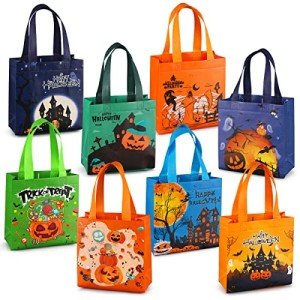 Aviski 8PCS Halloween Trick or Treat Bags, Small Halloween Tote Bags with Handles, Gift Bags, Multifunctional Non-Woven Halloween Bags for Gifts Wrapping, Trick or Treat, Halloween Party Supplies