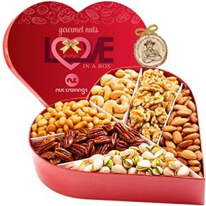 NUT CRAVINGS Gourmet Collection - Purim Mishloach Manot Mixed Nuts Heart Shaped Gift Basket, Love in A Box (6 Assortments, 2 LB) Romantic Arrangement Platter, Healthy Kosher Corporate