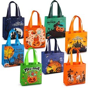 PARSUP 8PCS Halloween Trick or Treat Bags, Halloween Tote Bags with Handles, Gift Bags, Multifunctional Non-Woven Halloween Bags for Gifts Wrapping, Halloween Party Supplies, 7.9"×7.9"×3.15"