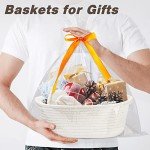 Pro Goleem Small Woven Easter Basket with Gift Bags and Ribbons Durable Baskets for Gifts Empty Small Rope Basket for Storage 12"X 8" X 5" Baby Toy Baskets with Handles, White