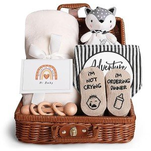 iAOVUEBY Baby Shower Gifts, Baby Gifts for Girls Boys, Unique Baby Gifts Basket Essentials Stuffs - Baby Lovey Blanket Newborn Bibs Socks Wooden Rattle & Greeting Card, Newborn Baby Gift Set