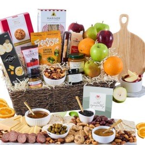 Sympathy Gift Fruit Basket of Fresh Fruits, Cheese, Meat, Chocolate, Crackers, Olives and Cookies by GourmetGiftBaskets.com