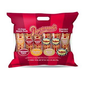 Popcornopolis Gourmet Popcorn Snacks, 12 Cone Variety Snack Packs (Gift Cone), Zebra Popcorn, Cheddar Cheese Popcorn, Caramel Popcorn & Kettle Corn Popcorn