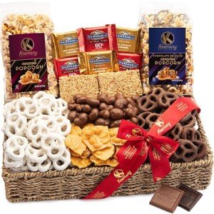 KREMERY Creamy Chocolate Cravings - Easter Chocolate Covered Pretzels & Caramel Popcorn Gift Basket in Seagrass Tray + Ribbon Deluxe (3.5 lbs) Birthday Sweet Treat Kosher Dairy