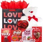 Valentines Day Gift Basket Set | Teddy Bear Plush (RED OR WHITE), Elmer Heart Chocolate, Milk Chocolate Bar, Kit Kat Chocolate Bar, Glico Pocky Chocolate Sticks, Creme Savers Candy, Resees Chocolate Peanut Butter Hearts, V - Day Card, & V-Day Gift Bag ( Design Varies) For Kids Her Him Wife Friend Girlfriend ( Anyone)