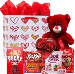 Valentines Day Gift Basket Set | Teddy Bear Plush (RED OR WHITE), Elmer Heart Chocolate, Milk Chocolate Bar, Kit Kat Chocolate Bar, Glico Pocky Chocolate Sticks, Creme Savers Candy, Resees Chocolate Peanut Butter Hearts, V - Day Card, & V-Day Gift Bag ( Design Varies) For Kids Her Him Wife Friend Girlfriend ( Anyone)