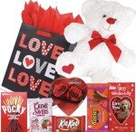 Valentines Day Gift Basket Set | Teddy Bear Plush (RED OR WHITE), Elmer Heart Chocolate, Milk Chocolate Bar, Kit Kat Chocolate Bar, Glico Pocky Chocolate Sticks, Creme Savers Candy, Resees Chocolate Peanut Butter Hearts, V - Day Card, & V-Day Gift Bag ( Design Varies) For Kids Her Him Wife Friend Girlfriend ( Anyone)