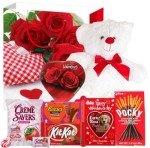 Valentines Day Gift Basket Set | Teddy Bear Plush (RED OR WHITE), Elmer Heart Chocolate, Milk Chocolate Bar, Kit Kat Chocolate Bar, Glico Pocky Chocolate Sticks, Creme Savers Candy, Resees Chocolate Peanut Butter Hearts, V - Day Card, & V-Day Gift Bag ( Design Varies) For Kids Her Him Wife Friend Girlfriend ( Anyone)