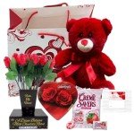 VALENTINE GIFT BASKET SET |10" Teddy Bear Plush (White or Red), Dozen Belgian Milk Chocolate Roses Bouquet, Creme Savers Strawberry and Creme Hard Candy, Elmer Chocolate Rose Flowers Heart Shaped, &